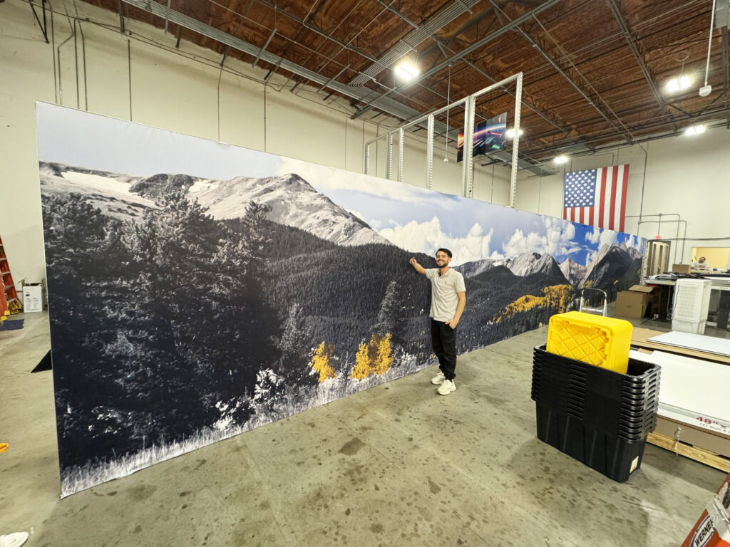 custom-dye-sub-mountain-range-for-trade-show-orlando Custom dye-sublimated fabric graphic of mountain range for trade show booth in Orlando