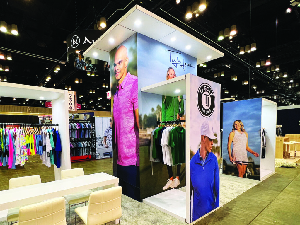 trade-show-graphics-seg-bematrix-for-golf-apparel-company SEG fabric graphics installed on BeMatrix frame for golf apparel trade show booth with branded visual display
